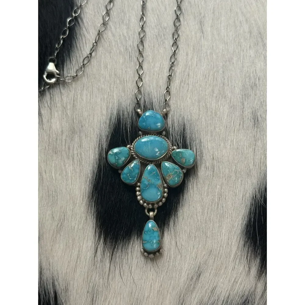 Native American SW Sterling Silver Blue Ridge Turquoise Cluster Blossom Necklace - Picture 1 of 9